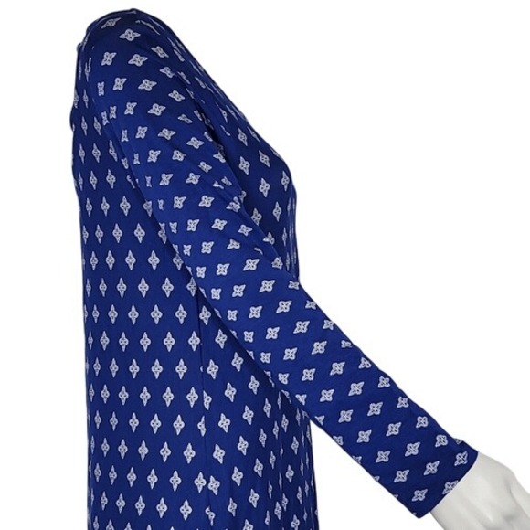 Loveappella Blue Patterned Long Sleeve Criss Cross‎ Open Back Dress - Picture 5 of 12